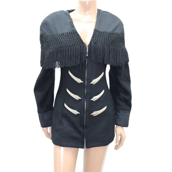 SANTANA Vintage Statement Black Fringed Zip Front Military Jacket S-M - Picture 2 of 7